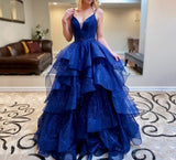 Cinessd  Royal Blue Elegant Sparkly Prom Dresses A-Line Layered Ruffled Tulle Cross Back Robes De Soirée Evening Gowns For Women