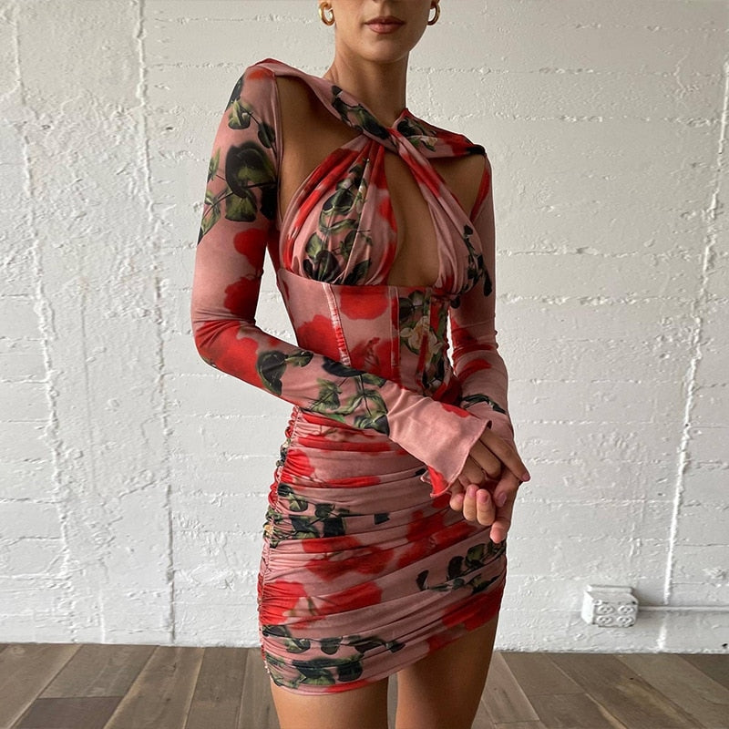 Cinessd Back To School Women Summer Vintage Floral Print Mini Dresses Draped Corset Dress Long Sleeve Cut Out Y2k Aesthetic Ruched Bodycon Dress