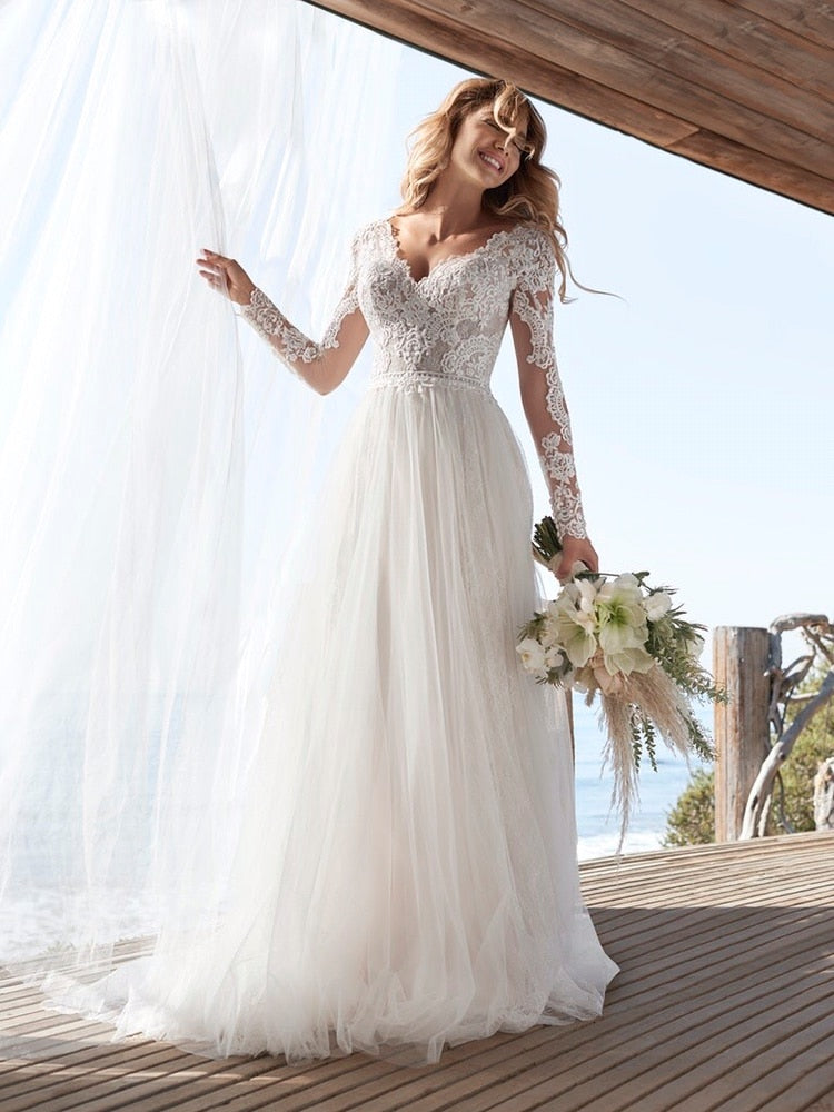 Cinessd Back to school outfit Lace Tulle Long Sleeve Wedding Dress 2022 Boho V-Neck Appliques Bridal Gown A-Line Open Back   For Women Robe De Mariee Summer
