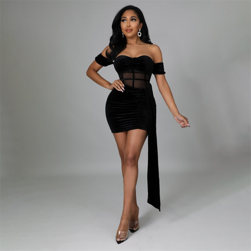 Cinessd  Velvet Ruched Black Sexy Off Shoulder Mini Dresses Women Party Backless Bodycon Dress Club Red Short Dresses 2022 Spring