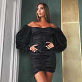 Cinessd Back to school outfit Sexy Long Puff Sleeve Slash Neck Satin Pleated Sexy Mini Dress Elegant Autumn Winter Women Solid Party Elegant Streetwear Outfit