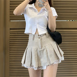 Cinessd  Korean Fashion Khaki Short Skirt Lace Trim Cute Pleated Skirts Womens Preppy Style Button Up High Waist Summer Skirt