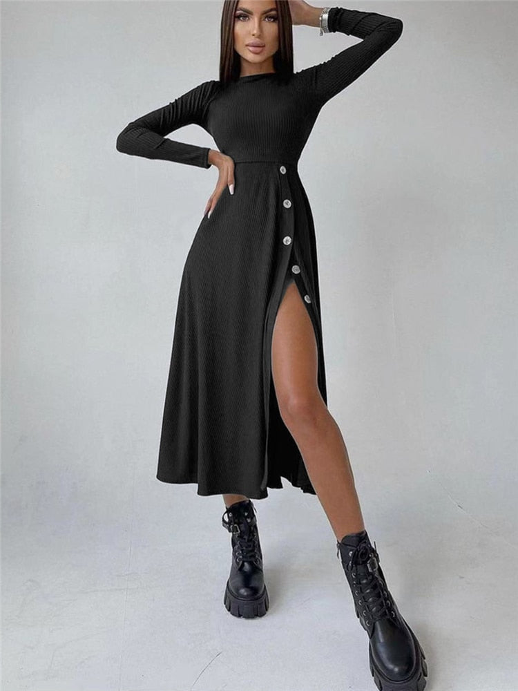 Cinessd   Autumn New High Slit Out Knit Dress Ladies Casual Long Sleeve Midi Dresses For Women Ribbed Knitted Slim Bodycon Vestidos