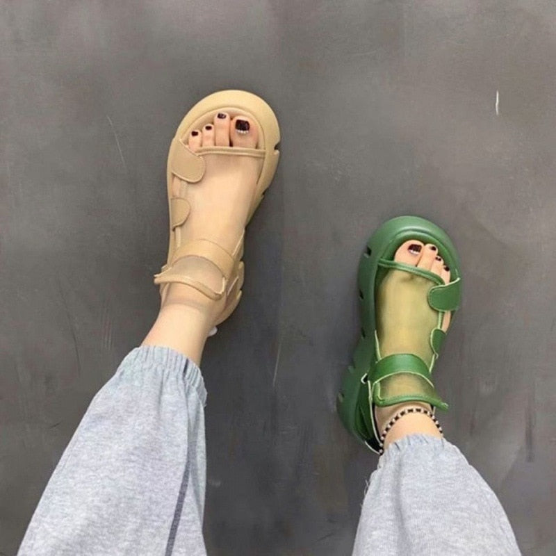 Sandals Women 2022 Summer New Fashion Thick-bottomed Breathable Eugene Yarn Mesh Magic Paste Roman Sandals Hook & Loop