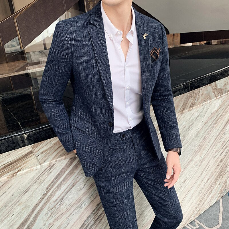 CINESSD    S-7XL ( Jackets + Pants ) Mens Slim Office Work Business Casual Suits Dress 2piece Set Male Wedding Groom Blazer Coat Trousers