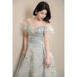 Cindssd    Elegant Off The Shoulder Satin Evening Dresses Long Pleated Ball Gowns Floor-Length Feather Prom Gowns