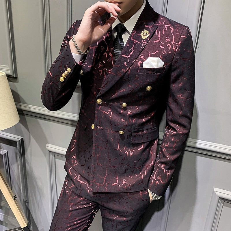 CINESSD    ( Jacket + Vest + Pants ) High-end Brand Fashion Jacquard Groom Wedding Dress Suit 3 piece Suit Male Slim Casual Business Suit