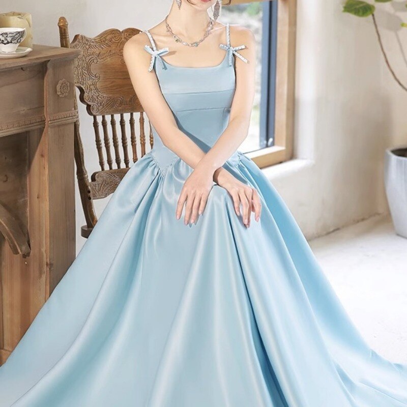 Cinessd    Romantic Blue Prom Dress Women Luxury Satin Spaghetti Strap Pearl Bow A-Line Formal Occasion Dresses Floor-Length Party Dresses