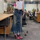 Cinessd  Y2K Women Streetwear Vintage Star Knee Length Denim Midi Long Skirt High Waist Straight Grunge Jeans Alt Maxi Skirts Clothes