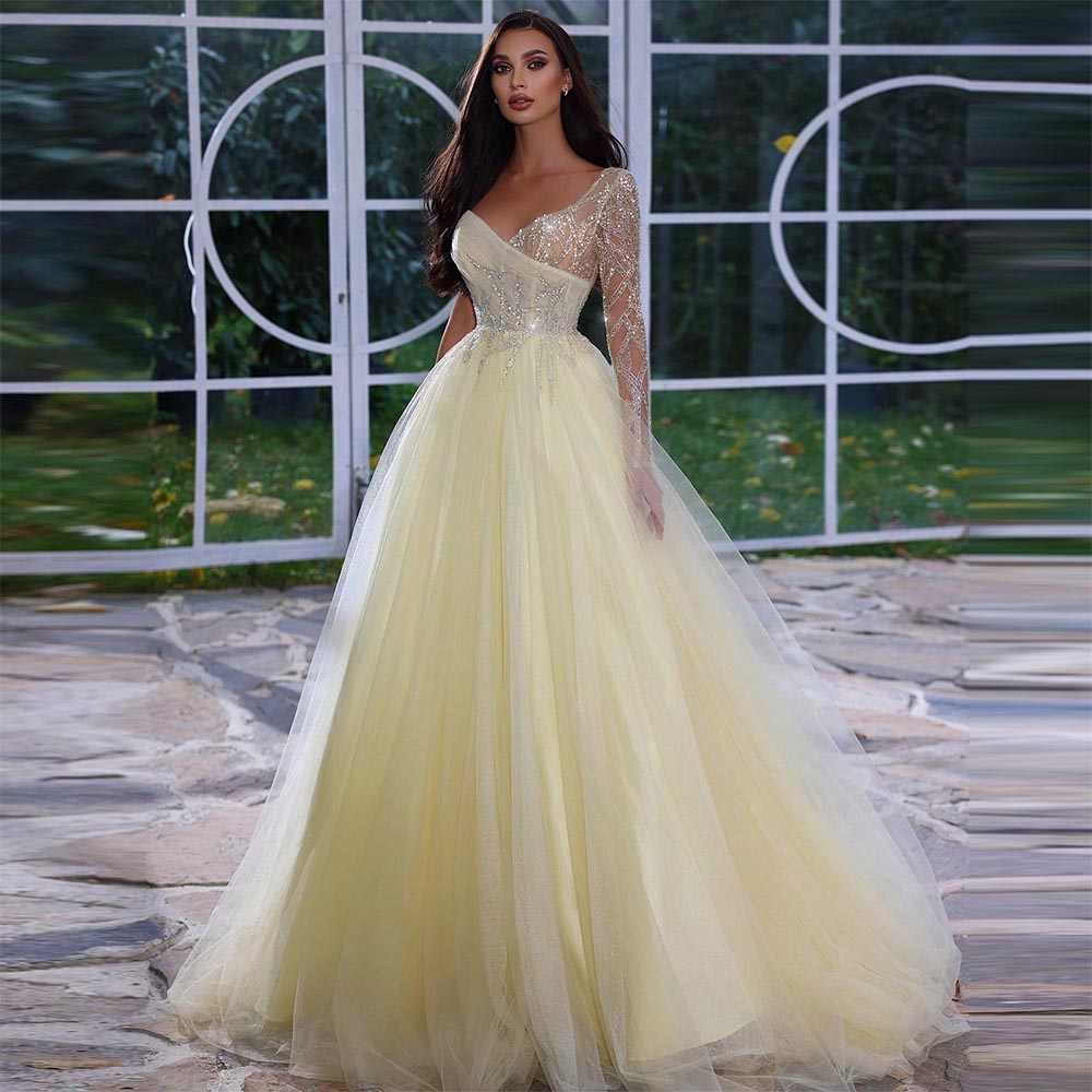 Cinessd  Long Tulle Prom Dresses One Shoulder Sequined Beading V-Neck A-Line Evening Dress Long Sleeves Wedding Party Gown 2022