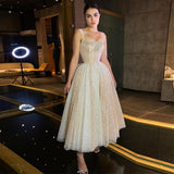 Cinessd Back To School Xijun Beading Crystal Tulle Prom Dresses Spaghetti Strap A-Line Tea-Length Short Evening Dress Party Gown