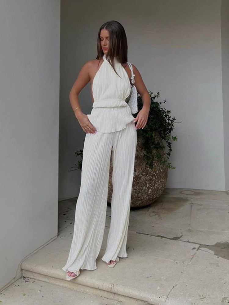 Cinessd  Summer Fashion New Style Hanging Neck Loose Sexy Backless Sleeveless Vest White Pleated High Waist Wide Leg Pants  2 Piece Set