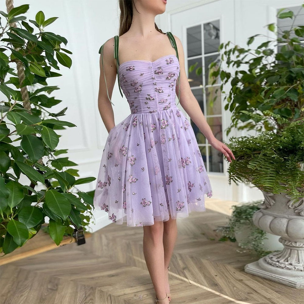 Cinessd  Lavender Tulle Mini Prom Dresses Embroidery Lace Appliques Short A-Line  Evening Dress Formal Party Dress With Pockets