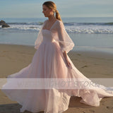 Pink Evening Dresses Simple Square Collar Organza Long Puff Sleeves Party Dress 2022 Cute A-Line Sweep Train Ball Gowns Custom