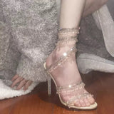 Cinessd  Ankle Strap Crystal Sandals Woman Summer 2022 Elegant Rhinestone Women's Luxury Sandals Sweet Ladies High-Heeled Sandals Wedding