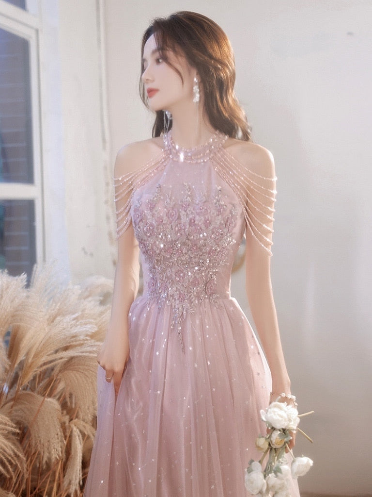 Cinessd   Elegant Pink Celebrity Dress Sequins Beading Halter With Tassel Sleeve A Line Exquisite Floor Length Prom Evening Gowns