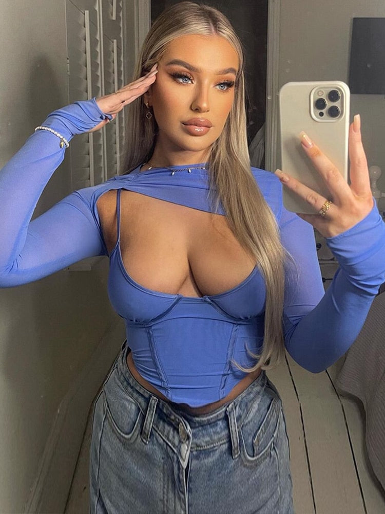 Cinessd  Summer Crop Top Women 2022 New Arrivals Blue Bodycon Top Long Sleeve Sexy Mesh Tops For Party Night Club