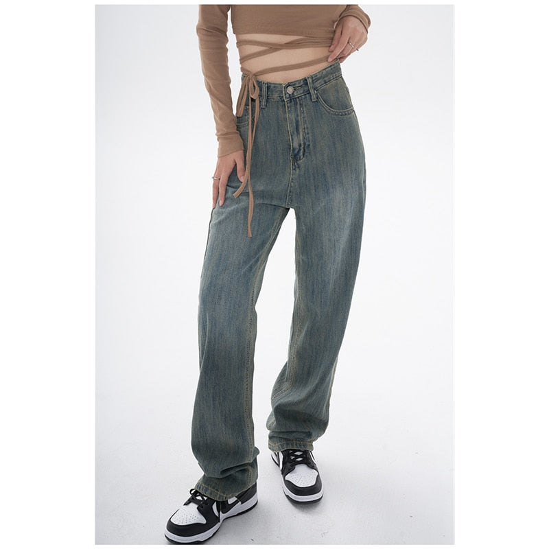Cinessd Back To School Womens Jeans High Waist Blue Fashion Streetwear Straight Pants Baggy Basic Vintage 2022 Summer Female Mom Wide Leg Denim Trouser