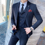 CINESSD     ( Jacket + Vest + Pants ) Prom Groom Tuxedos Latest Designs Male Wedding Suits 3Pcs Set Men's striped casual business suit