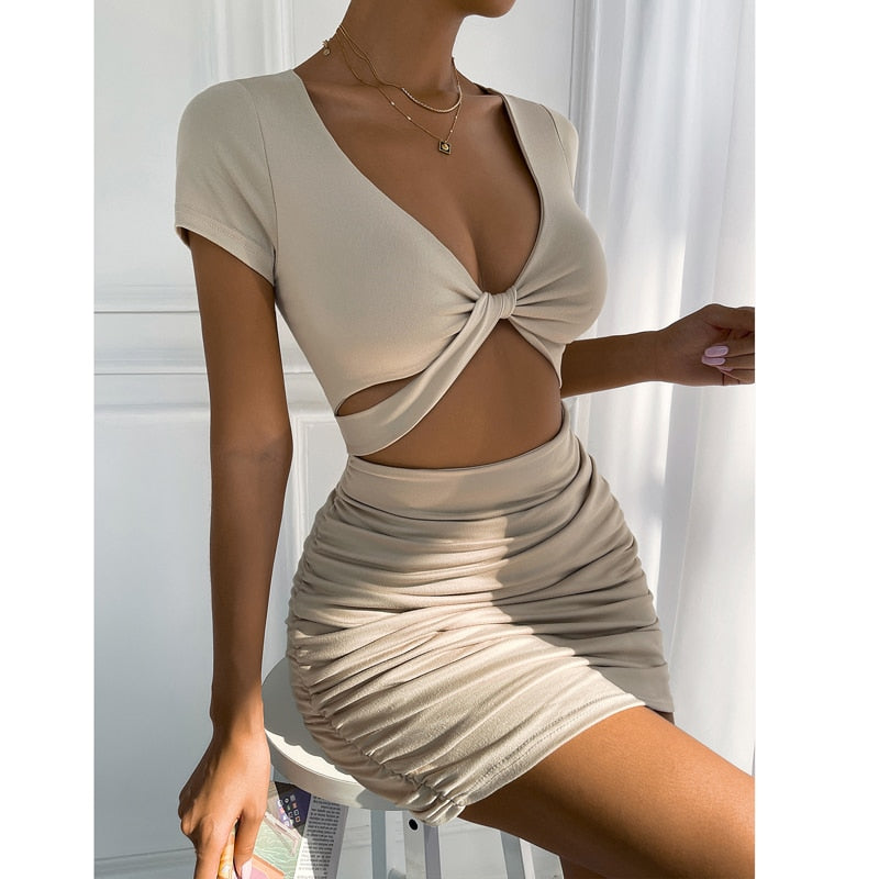 Cinessd  Summer Elegant Sexy Solid V-Neck Short Sleeve Ruched Bodycon Dresses For Women Party Club Outfits Cutout Backless Mini Dress