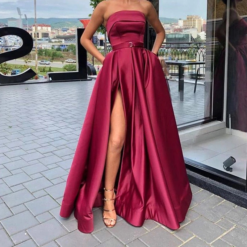 Cinessd  1New Arrival Evening Prom Party Dresses Vestido De Festa Gown Robe De Soiree Pink Satin Sexy Strapless Long Gown Formal Dress