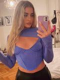 Cinessd  Summer Crop Top Women 2022 New Arrivals Blue Bodycon Top Long Sleeve Sexy Mesh Tops For Party Night Club