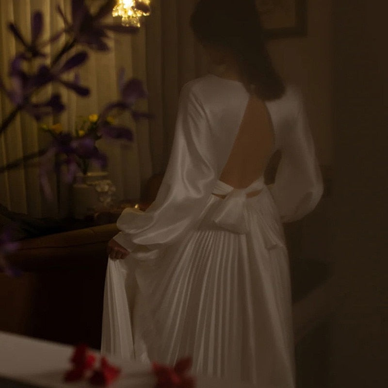 Cinessd  Backless Wedding Dress Elegant V-neck Formal Occasion Dresses Long Lantern Sleeves Simple A Line Pleated Robe De Mariage