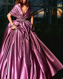 Cinessd Back to school outfit Elegant Satin Long Prom Dresses V-Neck Off The Shoulder Pleat Ruched Evening Dress Wedding Party Gown 2022