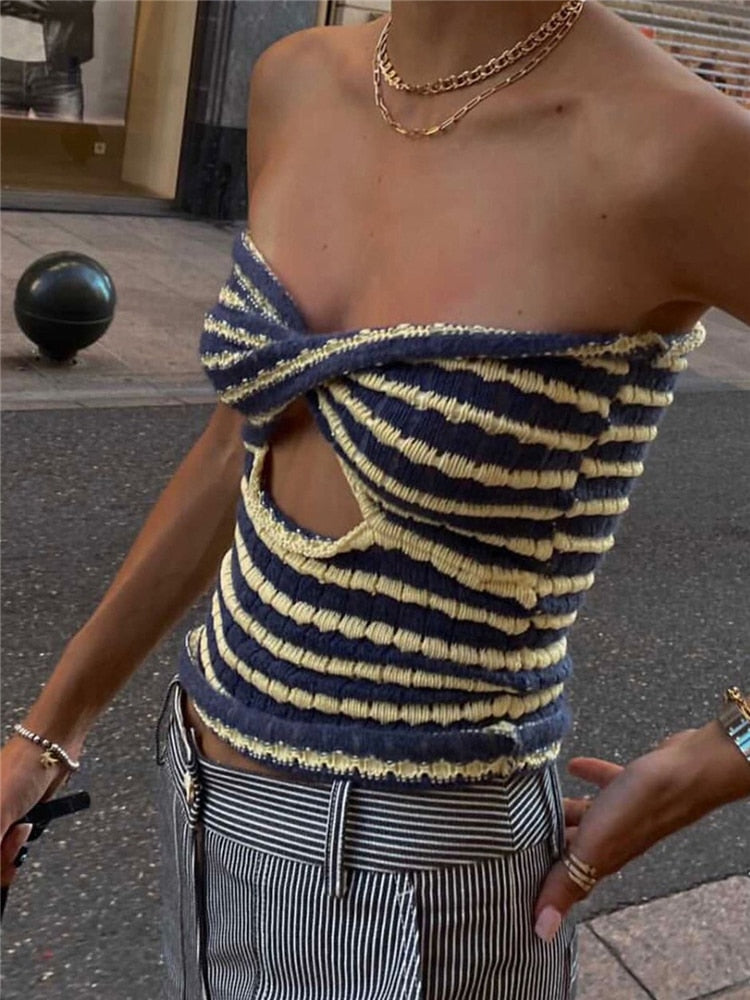 Cinessd 2023 Off Shoulder Knit Tube Top Sexy Strapless Backless Bustier Tops For Women Stripe Cropped Top Hot Summer Streetwear