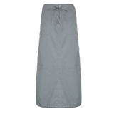 Cinessd  Low Waist Casual Loose Size Pockets Streetwear Cargo Long Skirts Womens Drawstring Hem Split Design Preppy Bottoms