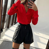 Cinessd Back to school outfit Sexy Women Fashion Summer Tracksuit 2022 New Casual Leather Shorts Set Long Sleeve Tops Shirt And PU Mini Shorts Two Piece Set