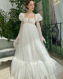 Cinessd  Sparkly Starry Tulle Long Prom Dresses Square Puff Sleeves A-Line Tiered Evening Gowns Wedding Party Dress 2022