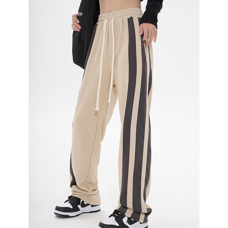 Khaki Womans Sweat Pants High Waist Summer Vintage Straight Trouser American Style Stripe Baggy Wide Leg Drawstring Sweat  Pants