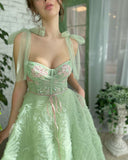 Cinessd  Gorgeous Green Long Tiered Ruffles Prom Dresses Embroidery Lace Appliques Beading Bow Straps Evening Dress With Pockets