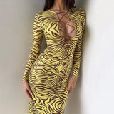 Cinessd Lace Up Hollow Out Midi Dress Women Zebra Print Long Sleeve Bodycon Sexy Streetwear Party Club Festival Clothes 2022