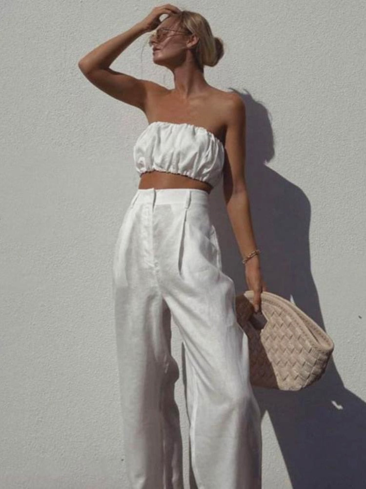 Cinessd  New Summer Fashion White Tube Top Vest Cotton And Linen Temperament High Waist Wide Leg Pants Two-Piece Set  Womens Outifits