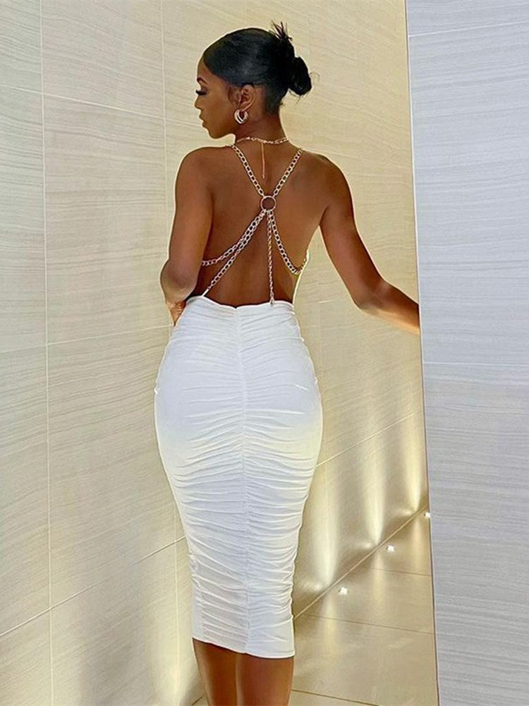 Cinessd Sexy Backless White Dresses For Women 2022 Chain Ruched Black Party Long Dress Female Solid Cami Bodycon Club Midi Dress