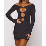 Cinessd  Women Sexy Hollow Out Off Shoulder Bodycon Mini Dress Long Sleeve Cutout Mesh Patchwork See Through Dress Clubwear