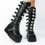 Cinessd  Goth Punk Brand Platform High Wedges Women's Knee High Boots Buckle Zip Cosplay Black White Over The Knee Boots Shoes Woman