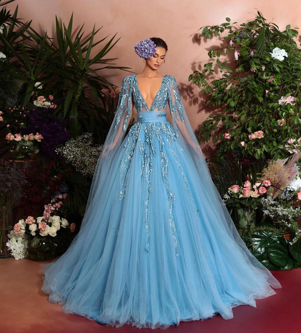 Cinessd  Gorgeous Lace Appliques 3D Flowers Beading Prom Dresses Long Sleeves V-Neck A-Line Dubai Women Evening Dress Formal Gown