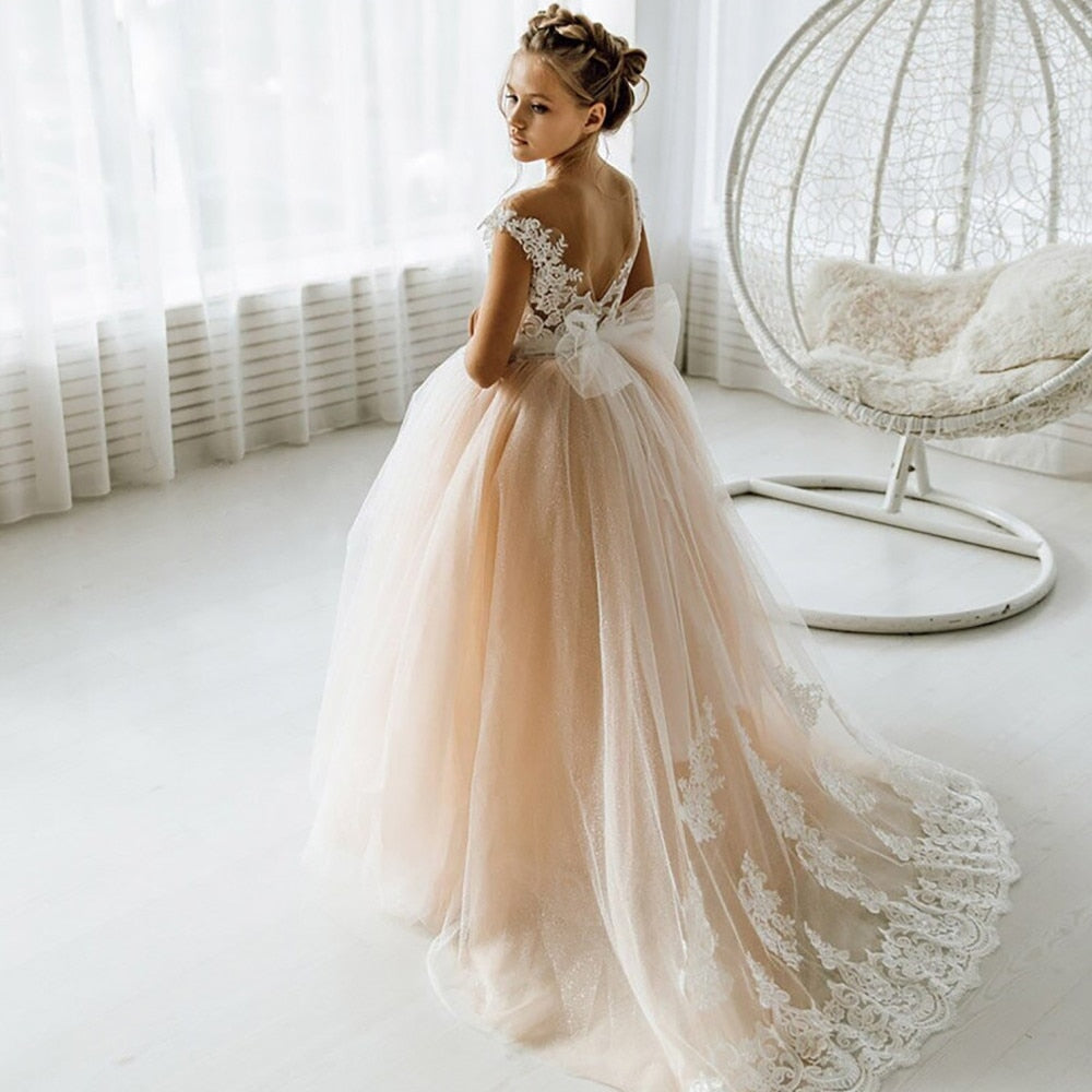 Cinessd  White Bridesmaid Dress Girls Flower Girl Dresses Ball Gown Kids Wedding Party Pageant First Communion Gown Big Bow Long Sleeves