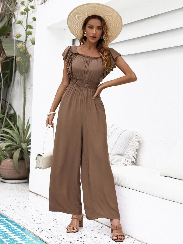 Cinessd  2022 Summer New Fashion High Waist Solid Brown Short Sleeved One-Piece Pants Holiday Style  Wear Office Lady Jumpsuit Women