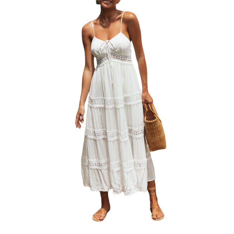 Cinessd Back to school outfit Summer Women White Lace Flower Hollow Loose Maxi Dress Sexy V Neck Spaghetti Strap Club Holiday Beach Party Long Dresses