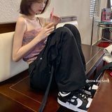 Cinessd Back to school outfit Black Womans Cargo Pants High Waist Summer Vintage Straight Trouser Streetwear Harajuku Baggy Casual Drawstring Cargo Pants