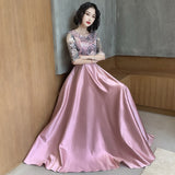 Cindssd  Satin Party Dresses With Lace Sleeves Elegant Scoop Neck A-Line  Long Mother Of The Bridal Dresses