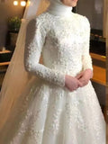 Cinessd  Muslim Lace wedding gown for women  bride O Neck White Long Sleeve vestidos de noiva Vintage Button Bcak Simple trouwjurk