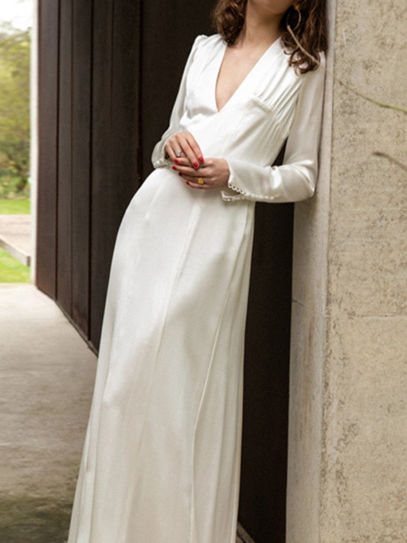 Cinessd  Elegant White Silk Evening Dresses Backless V Neck Slit Maix Homecoming Dresses Women Long Sleeves Formal Occasion Dress