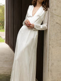 Cinessd  Elegant White Silk Evening Dresses Backless V Neck Slit Maix Homecoming Dresses Women Long Sleeves Formal Occasion Dress