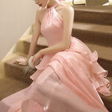 Cinessd  fashion inspo    Luxury Pink Satin Evening Dress 2023 Off-shoulder Elegant Halter Collar A-Line Ruffle Cake Dress Luminous Formal Occasion Dress