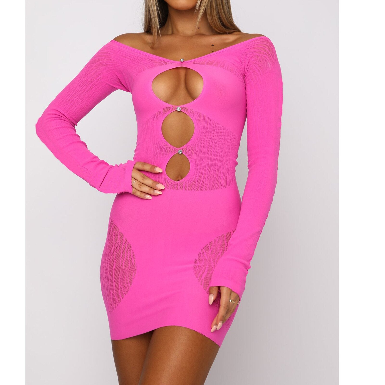 Cinessd  Women Sexy Hollow Out Off Shoulder Bodycon Mini Dress Long Sleeve Cutout Mesh Patchwork See Through Dress Clubwear